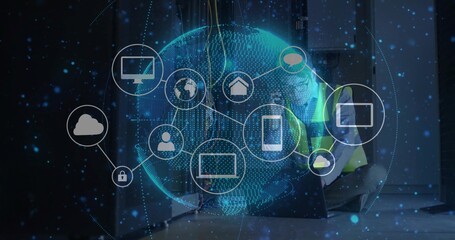 Kneeling technician in vest connecting cables in data center, with digital globe icons, copy space © vectorfusionart