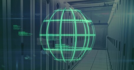 Floating green holographic sphere displaying code in server room aisle, flanked by racks and ducts