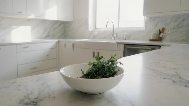 Bright modern kitchen with white cabinets, marble countertops, window light, sink, and fresh herbs