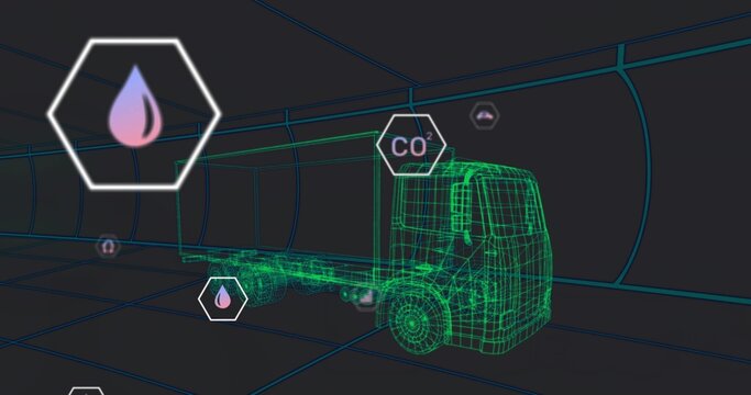 Fototapeta Navigating green wireframe semi-truck through virtual grid corridor, with hex droplet and CO? icons