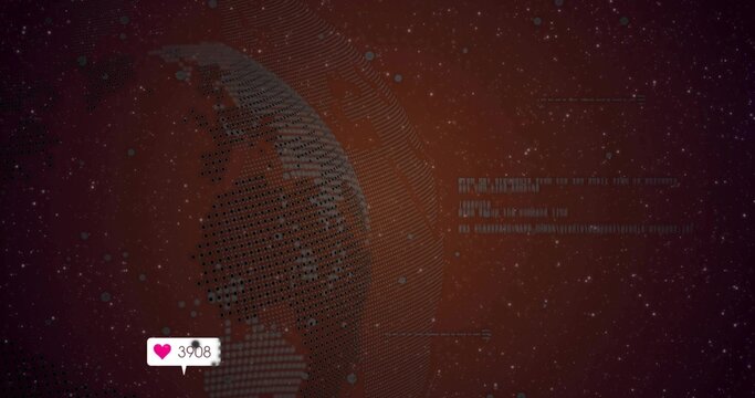 Rotating dotted globe visualizing data points on screen, with grid lines and notification icon - Powered by Adobe