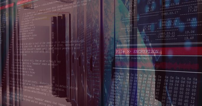 Displaying server racks processing encryption in data center, overlaying progress bar and globe