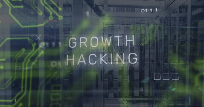 Displaying GROWTH HACKING text centering inside data center, with server racks, circuit overlay