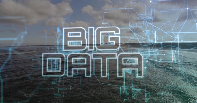 Fototapeta Displaying bold BIG DATA lettering blending across ocean horizon, neon-blue network overlay