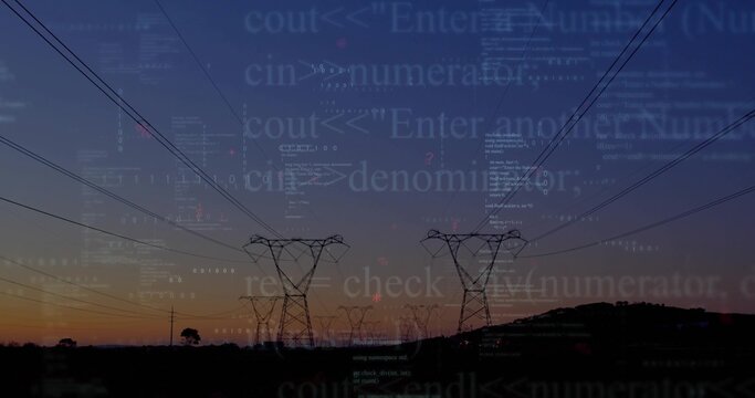Showing high-voltage towers stretching power lines above rolling hills at dusk, with code overlay