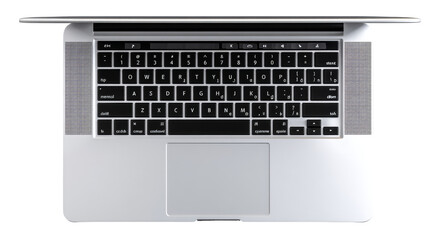 Top view of an open silver laptop with a black keyboard and trackpad on a white background.