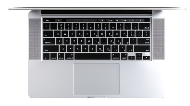 Top view of an open silver laptop with a black keyboard and trackpad on a white background.