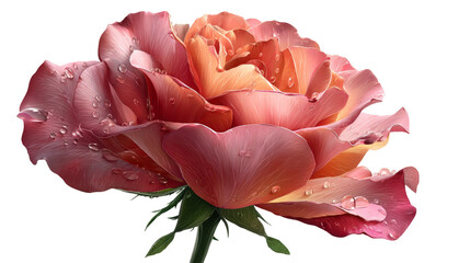 A vibrant pink and coral rose bloom, its delicate petals covered in fresh dew drops, captured in exquisite ro detail against a white background.