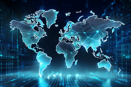 Digital world map with glowing network connections, concept of global business, technology, and Big Data - Powered by Adobe