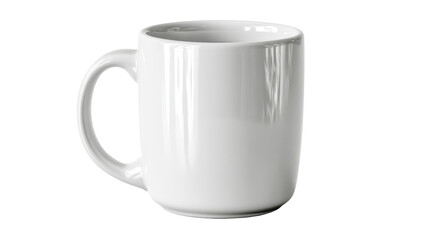 A plain white ceramic mug with a handle, isolated on a white background with a subtle shadow.
