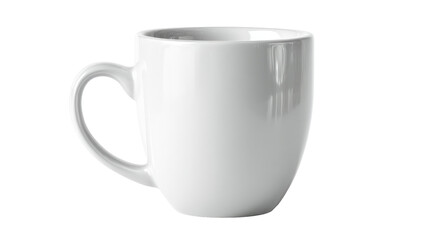 Fototapeta premium A simple white ceramic mug with a curved handle is shown on a clean, bright white background with a soft shadow.