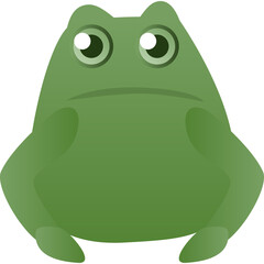 Green cartoon frog with white eyes and a rounded body sitting with its legs extended forward on a transparent background