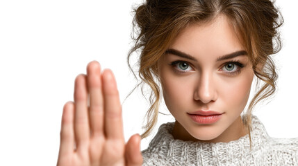 Young woman with hand raised in a gesture of stopping or signaling 'no', looking directly at the with a serious expression.