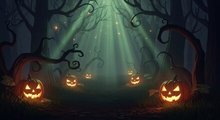 Fototapeta premium Spooky Halloween Background Forest of Jack-o'-Lanterns Under Moonlight