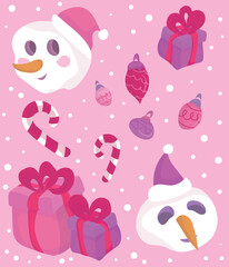 Christmas Vector Clipart Pack Cute Snowman, Gift Boxes, Candy Canes and Ornaments on Pink Background.eps