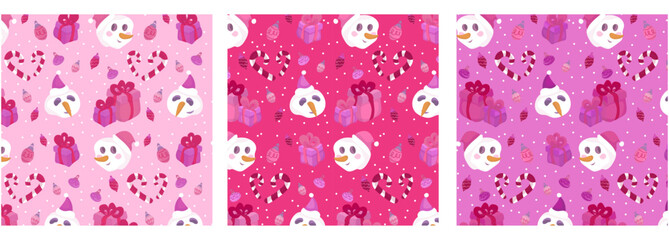 Cute Christmas Seamless Pattern with Snowman, Gifts and Candy Canes — Pink Holiday Backgrounds