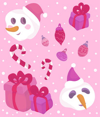 Christmas Vector Clipart Pack Cute Snowman, Gift Boxes, Candy Canes and Ornaments on Pink Background
