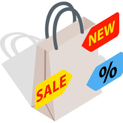 White and Black Shopping Bags with Sale New and Percentage Tags on a Transparent Background Representing Retail Commerce