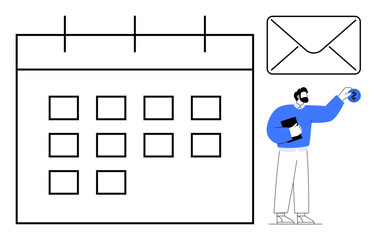 Man holding a clock and planner near a large calendar and email envelope. Ideal for time management, planning, productivity, scheduling, reminders, organization, task prioritization. Clean simple