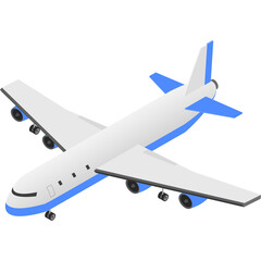 White Passenger Airplane with Blue Accents Flying on a Transparent Background Isometric View