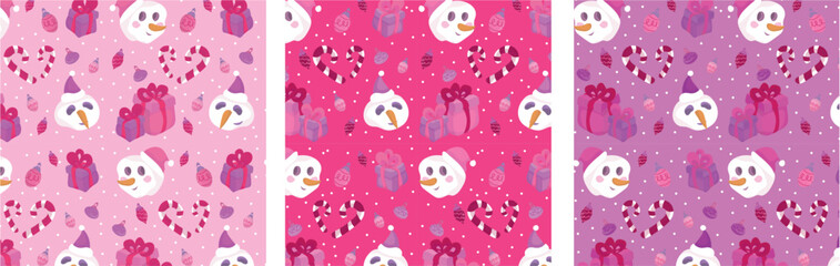 Cute Christmas Seamless Pattern with Snowman, Gifts and Candy Canes ? Pink Holiday Backgrounds.eps