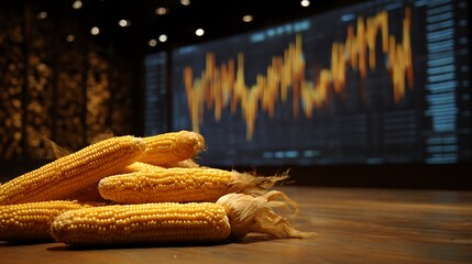 A pile of corn on the cob with a stock chart displayed on a screen in the background in a dark room