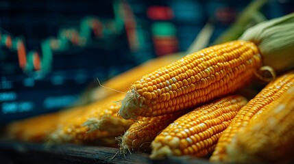 A close up of corn on the cob with a stock chart in the background showing market fluctuations