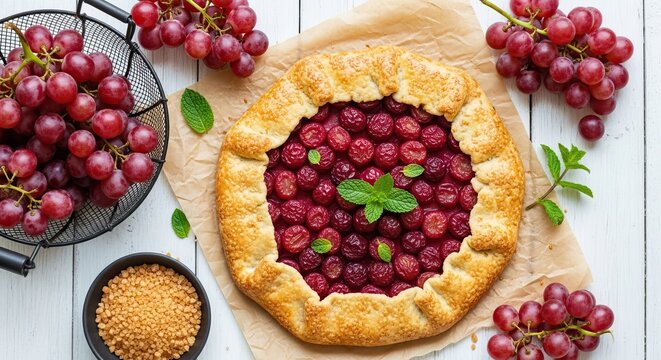 Homemade grape galette with fresh grapes and mint on a rustic table