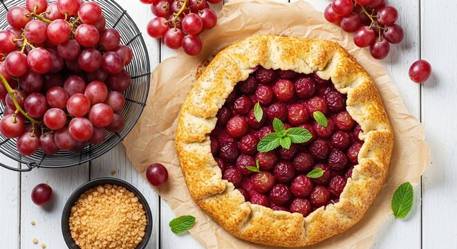 Homemade grape galette with fresh grapes and mint on a rustic table