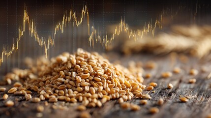 Pile of wheat grains on a wooden surface with a financial chart overlayed in the background