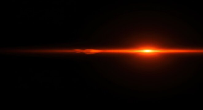 Cinematic bright orange horizontal anamorphic lens flare light streak on black background for digital overlay effect.