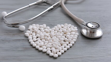Stethoscope and heart shaped pills on a wooden surface representing health and medicine concept