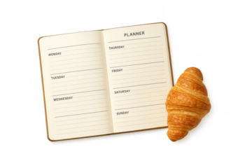 Weekly planner notebook with croissant for breakfast planning