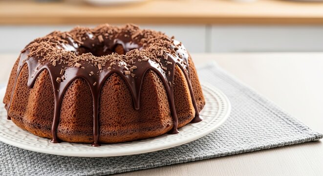 Chocolate bundt cake with chocolate glaze and chocolate shavings