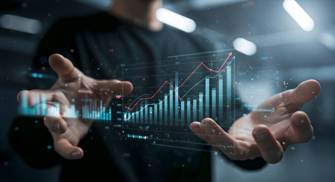 Digital data graph showing business growth and success projected in the hands of a professional using futuristic augmented reality technology in a dark, modern office