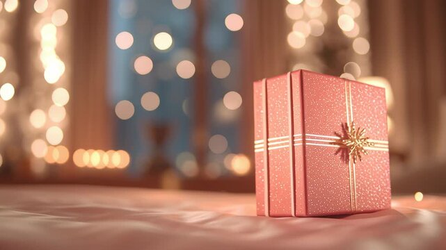 A beautifully wrapped pink gift box with a gold ribbon set against a softly lit background.
