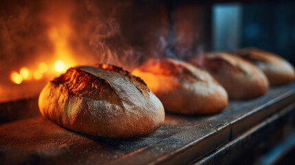 Warm loaves of bread are baking in a traditional oven with flames creating a cozy atmosphere.