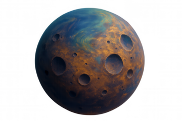 Fantastic celestial body with deep craters showing blue and orange surface, transparent background