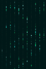 Abstract digital background with glowing green and blue gear symbols and data lines representing technology and innovation.