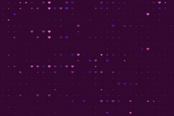Abstract digital background featuring a vibrant pattern of scattered pink and blue hearts and small dots on a deep purple backdrop, perfect for love and romance themes.