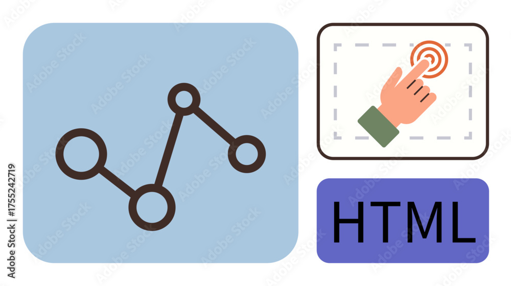 Wall mural analytics graph with nodes and connections, a hand clicking on a button, and html text. ideal for we