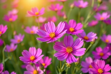 Obraz premium Delicate purple cosmos flower blossoms in a field, petals unfurling in the soft sunlight. Vibrant color, shallow depth of field, purple, serene
