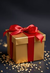 Obraz premium Elegant golden gift box tied with a luxurious red silk ribbon, perfect for any special occasion, occasion, tied