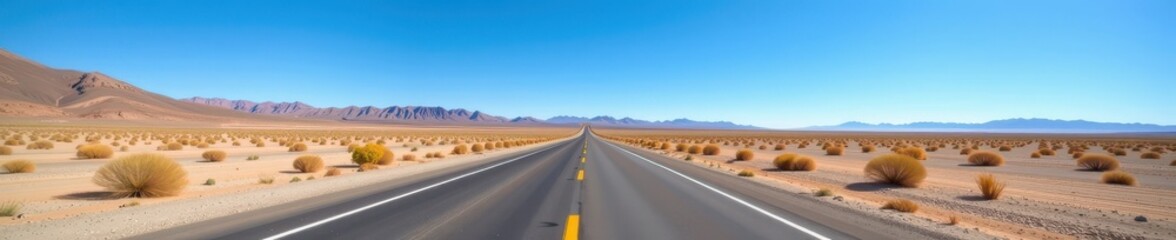 Endless asphalt ribbon stretches across a vast, sun-baked desert landscape under a clear blue sky, distance, bright, road