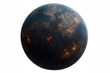 Planet displaying artificial lights, representing population density, urban development, science, and the future of humanity. Transparent background
