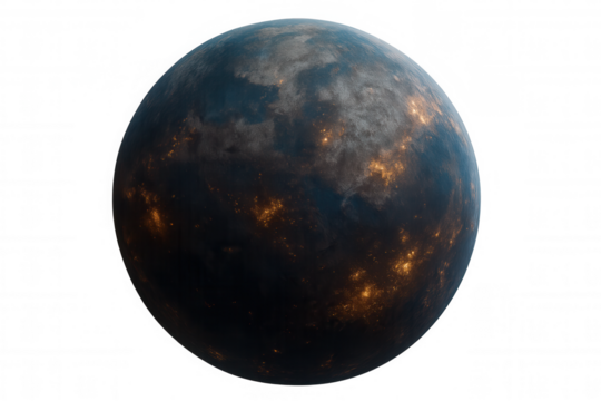 Planet displaying artificial lights, representing population density, urban development, science, and the future of humanity. Transparent background
