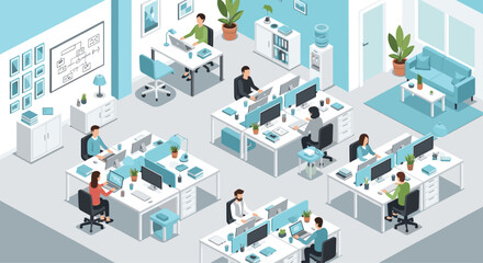 Inspiring open office space with modern desks and collaborative workspaces for increased productivity and employee well-being in vibrant company culture