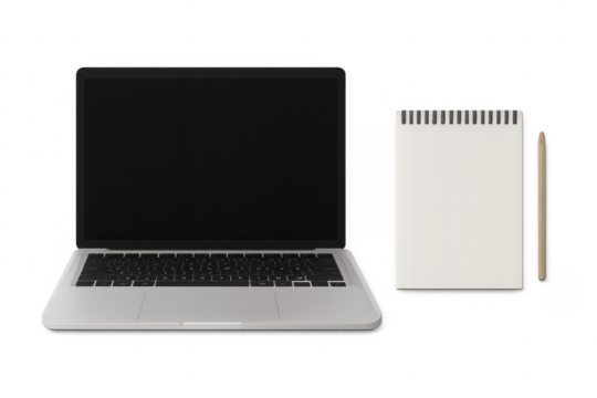 Laptop, notebook and pencil for education or work - Powered by Adobe