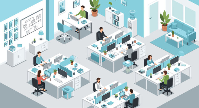 Inspiring open office space with modern desks and collaborative workspaces for increased productivity and employee well-being in vibrant company culture