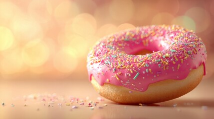 A sweet pink donut topped with vibrant sprinkles sits delicately on a smooth surface glowing softly.